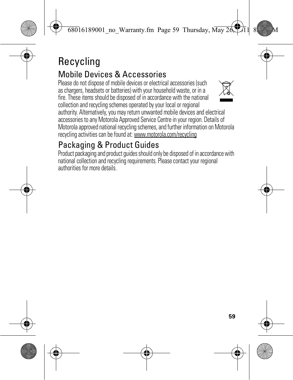 Recycling, Mobile devices & accessories, Packaging & product guides | Motorola EX109 User Manual | Page 61 / 68