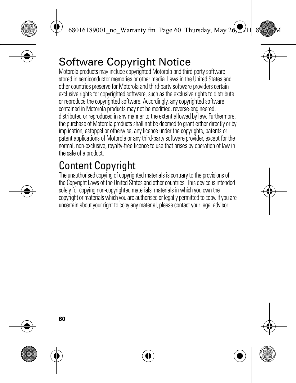 Software copyright notice, Content copyright | Motorola EX109 User Manual | Page 62 / 68