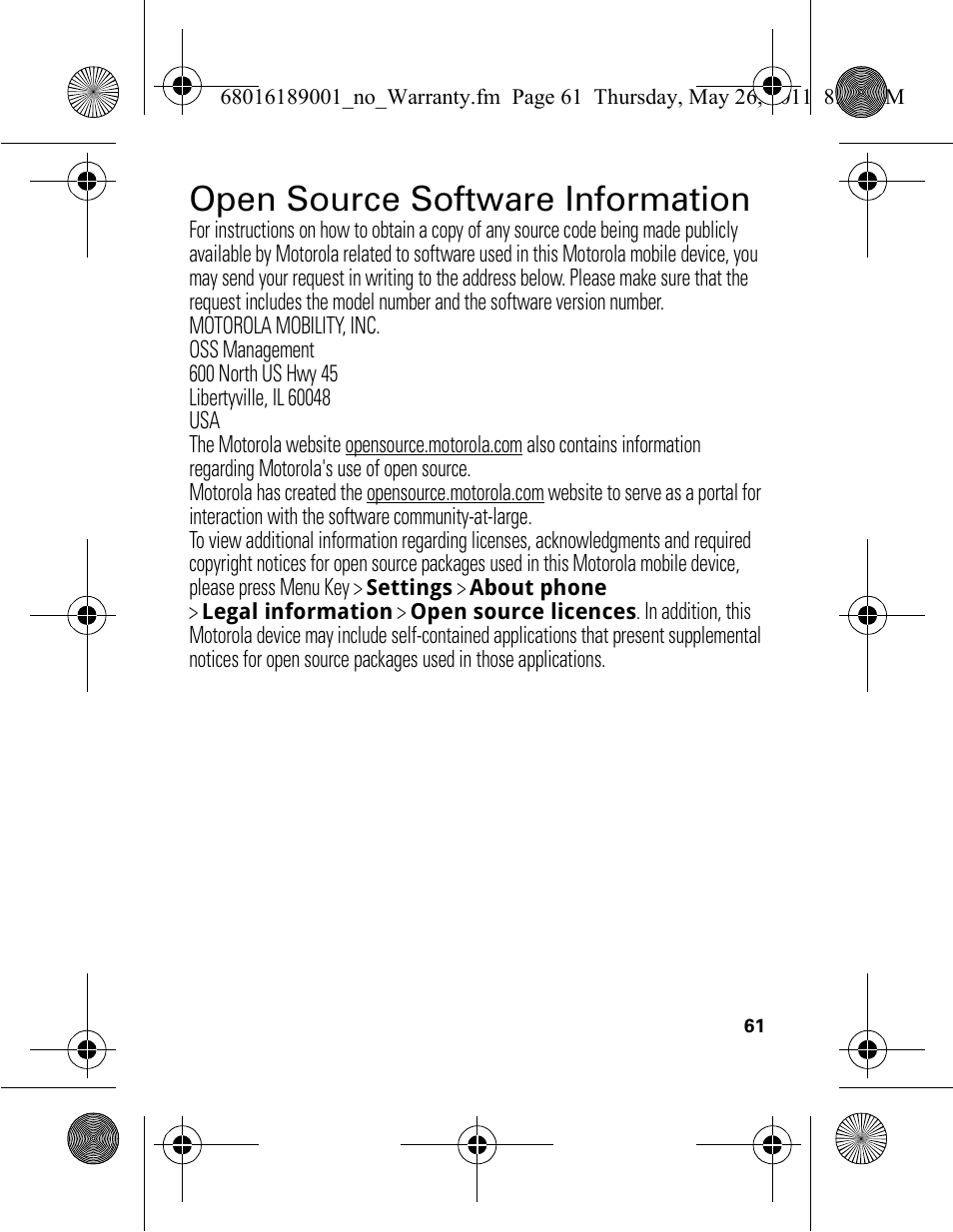 Open source software information | Motorola EX109 User Manual | Page 63 / 68