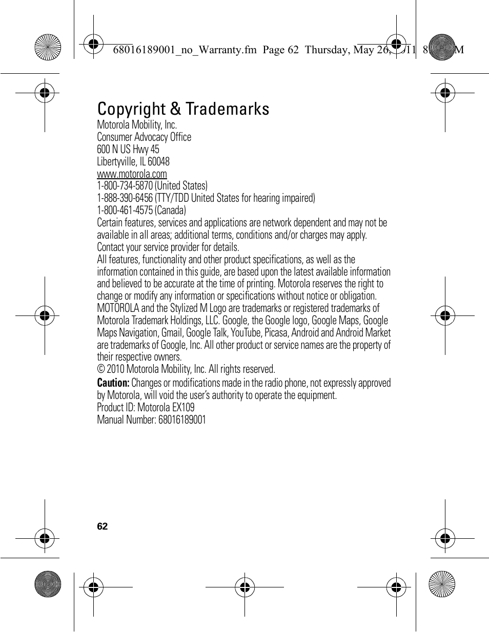 Copyright & trademarks | Motorola EX109 User Manual | Page 64 / 68