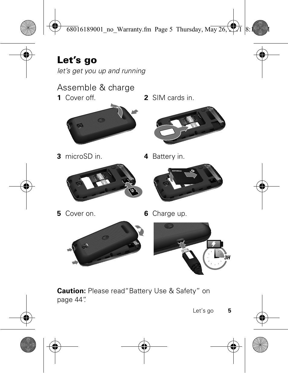 Let’s go, Assemble & charge | Motorola EX109 User Manual | Page 7 / 68