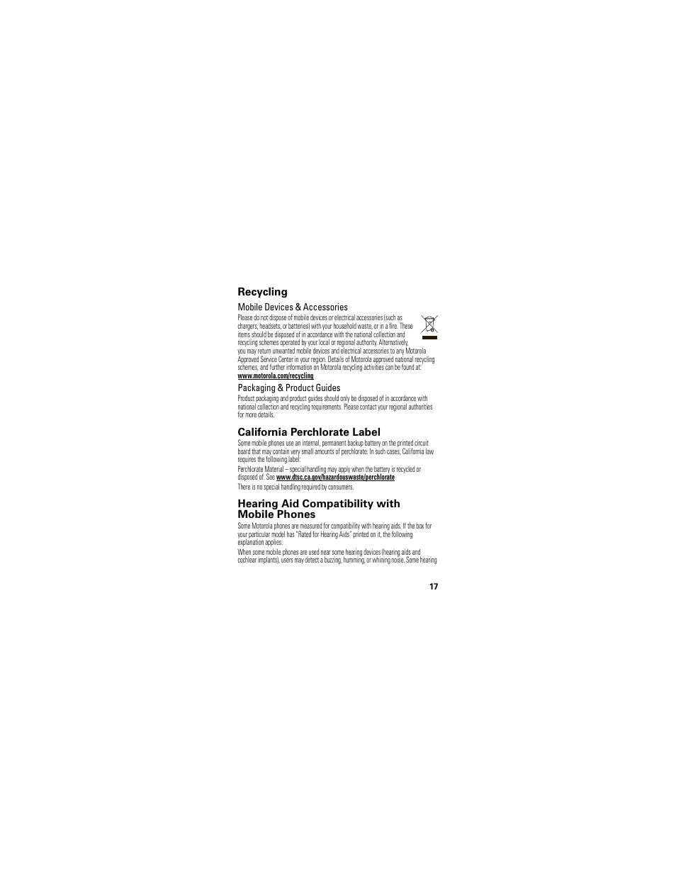 Recycling, California perchlorate label, Hearing aid compatibility with mobile phones | Mobile devices & accessories, Packaging & product guides | Motorola XT300 User Manual | Page 19 / 30