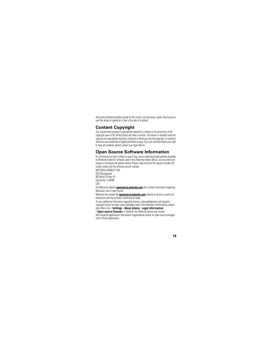 Content copyright, Open source software information | Motorola XT300 User Manual | Page 21 / 30