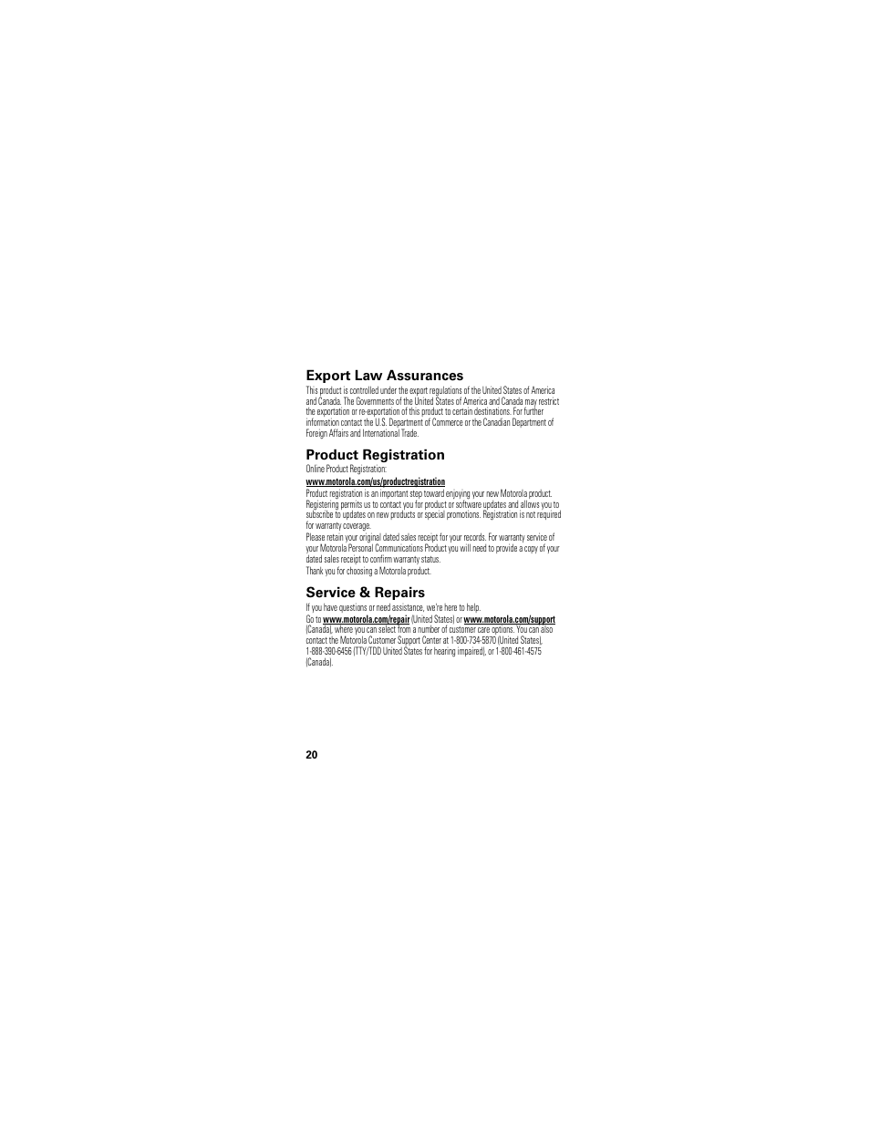 Export law assurances, Product registration, Service & repairs | Motorola XT300 User Manual | Page 22 / 30