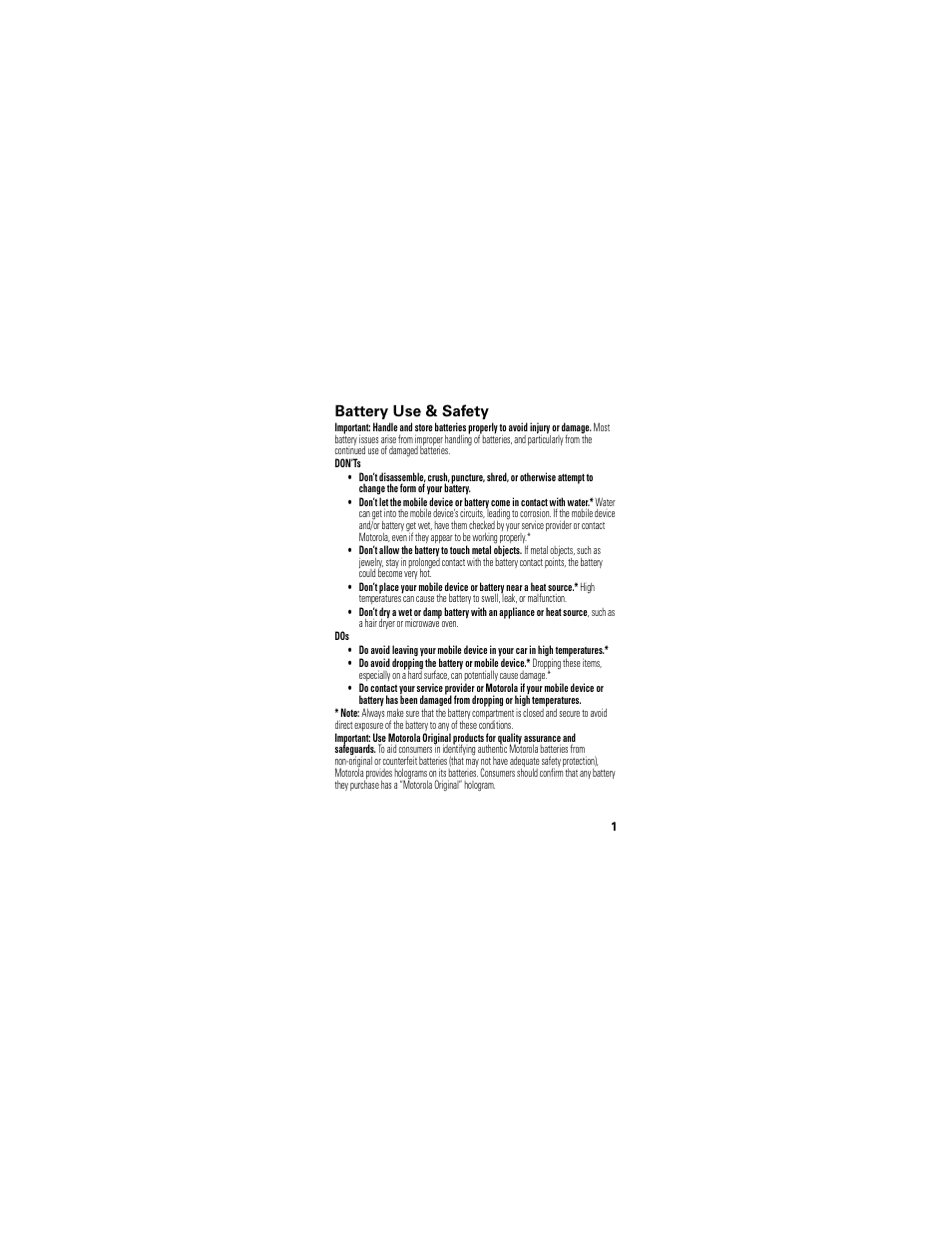 Battery use & safety | Motorola XT300 User Manual | Page 3 / 30