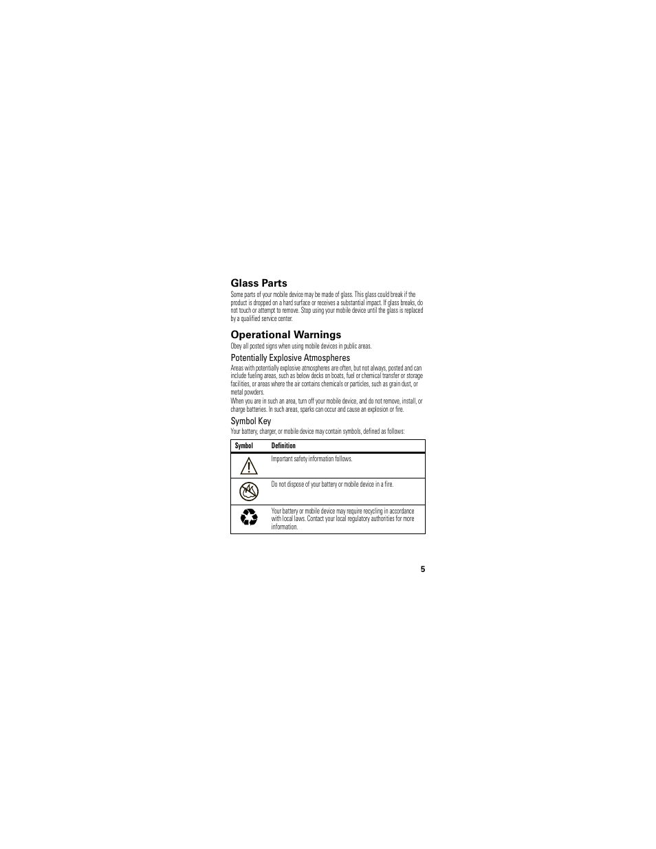 Glass parts, Operational warnings | Motorola XT300 User Manual | Page 7 / 30