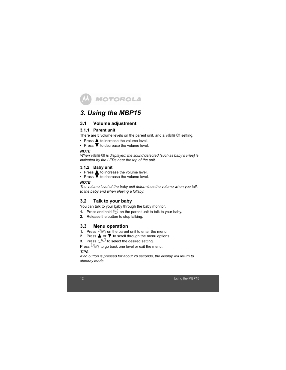 Using the mbp15, Volume adjustment, Parent unit | Baby unit, Talk to your baby, Menu operation | Motorola MBP15 User Manual | Page 12 / 32
