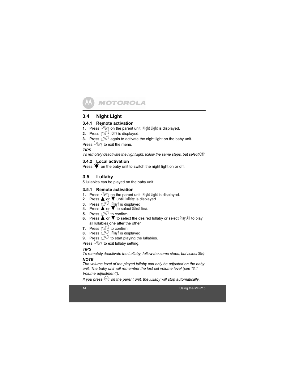 Night light, Remote activation, Local activation | Lullaby | Motorola MBP15 User Manual | Page 14 / 32