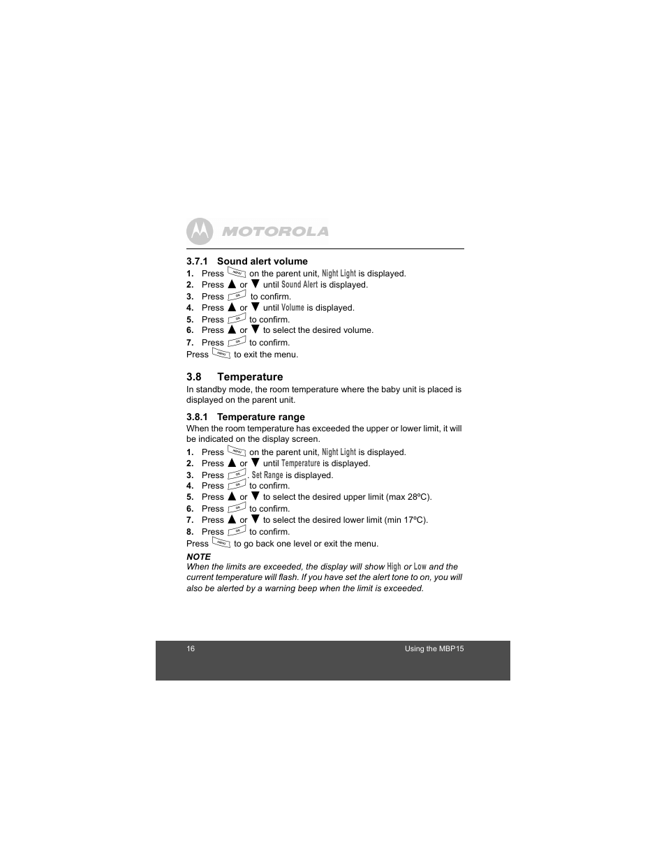 Sound alert volume, Temperature, Temperature range | Motorola MBP15 User Manual | Page 16 / 32