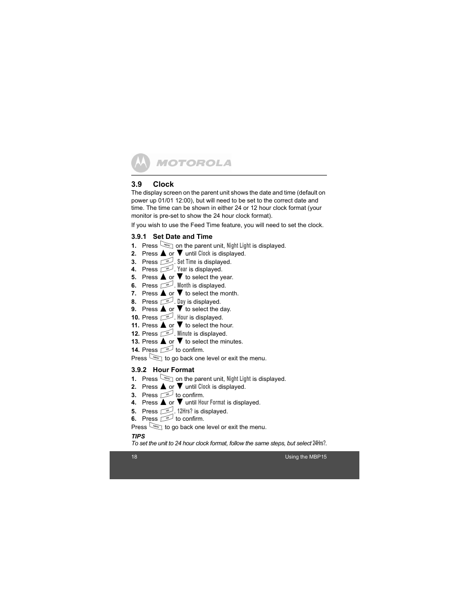 Clock, Set date and time, Hour format | Motorola MBP15 User Manual | Page 18 / 32