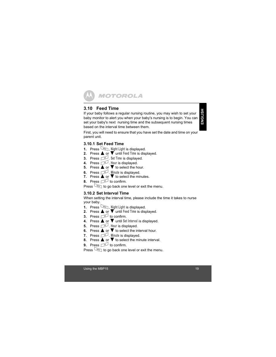 10 feed time, 1 set feed time, 2 set interval time | Motorola MBP15 User Manual | Page 19 / 32