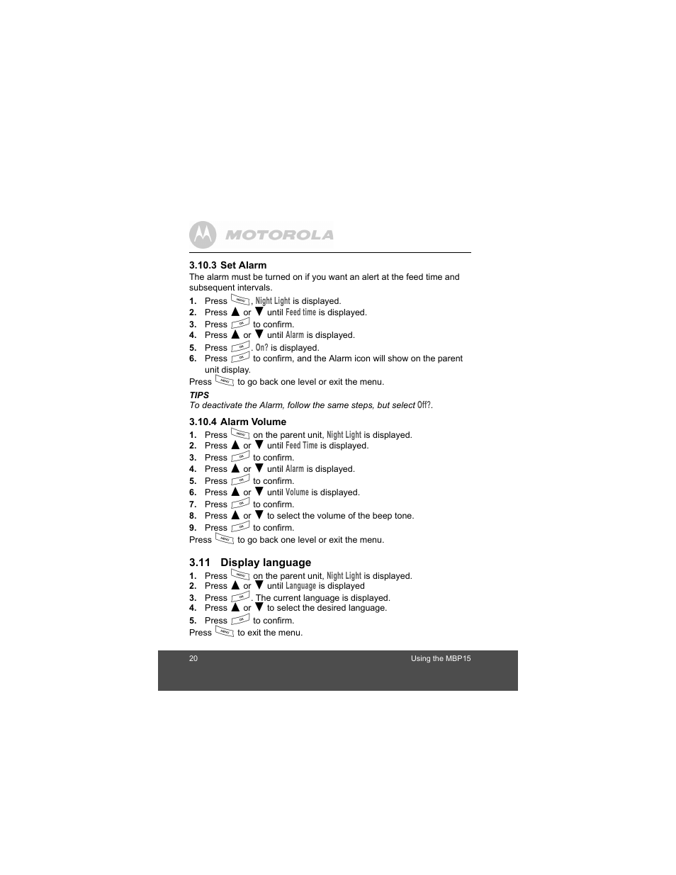3 set alarm, 4 alarm volume, 11 display language | Motorola MBP15 User Manual | Page 20 / 32