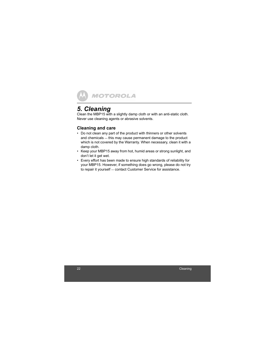 Cleaning | Motorola MBP15 User Manual | Page 22 / 32