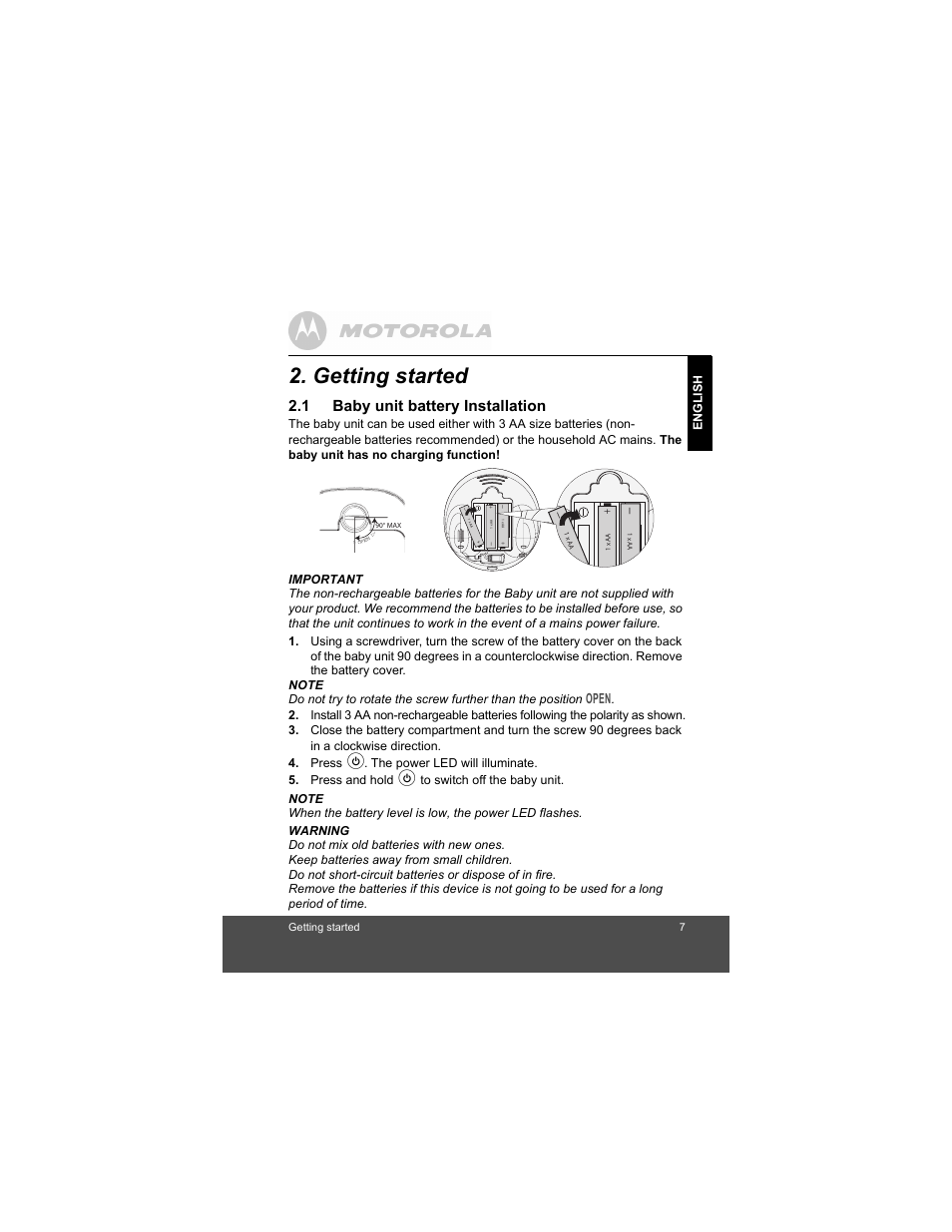 Getting started, Baby unit battery installation, 1 baby unit battery installation | Open | Motorola MBP15 User Manual | Page 7 / 32