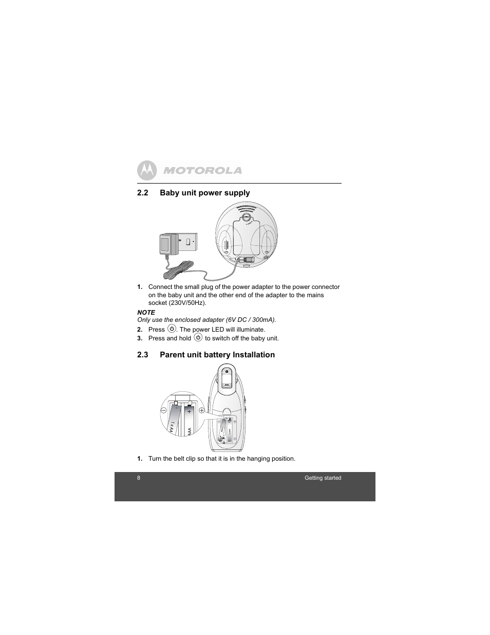 Baby unit power supply, Parent unit battery installation | Motorola MBP15 User Manual | Page 8 / 32