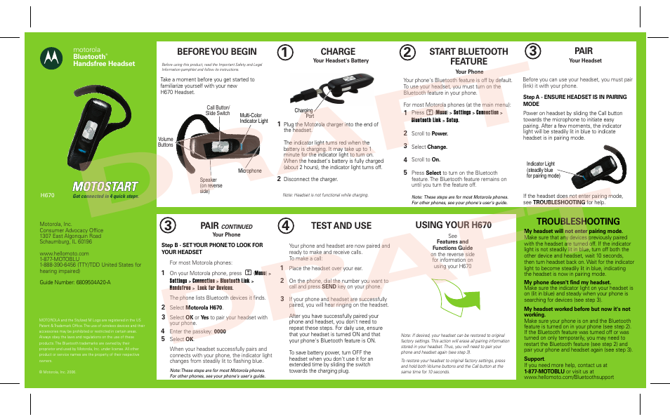Motorola H670 User Manual | 2 pages
