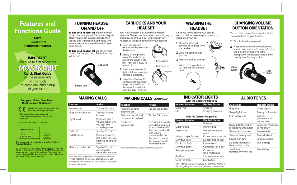 Features and functions guide, Turning headset on and off, Earhooks and your headset | Changing volume button orientation, Making calls, Audio tones, Wearing the headset, Indicator lights | Motorola H670 User Manual | Page 2 / 2