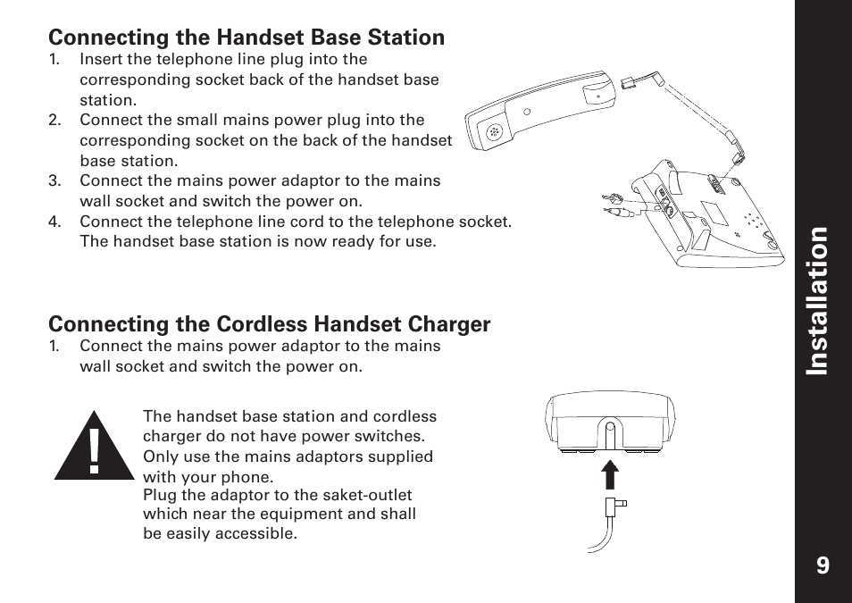 Noit all at s ni, Connecting the handset base station, Connecting the cordless handset charger | Motorola ME6091 User Manual | Page 11 / 47