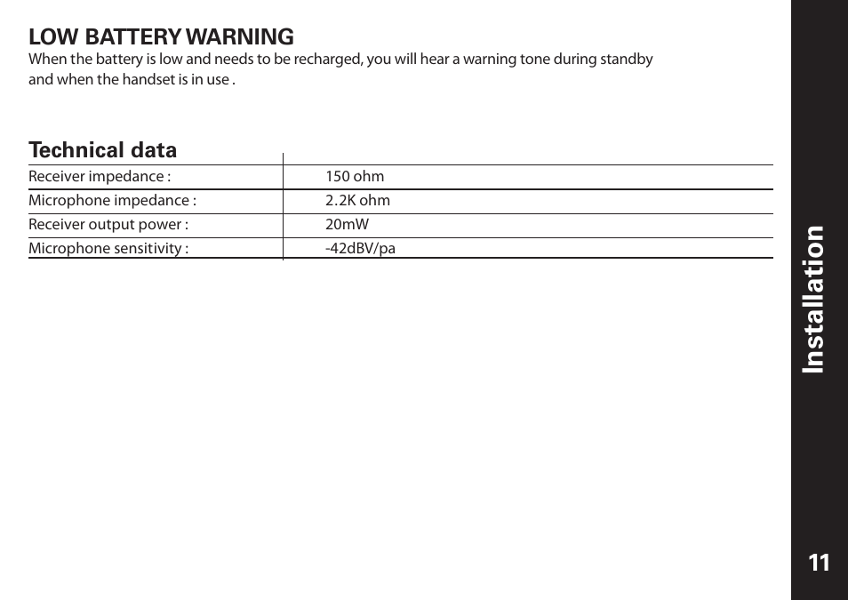 Installation, Low battery warning, Technical data | Motorola ME6091 User Manual | Page 13 / 47