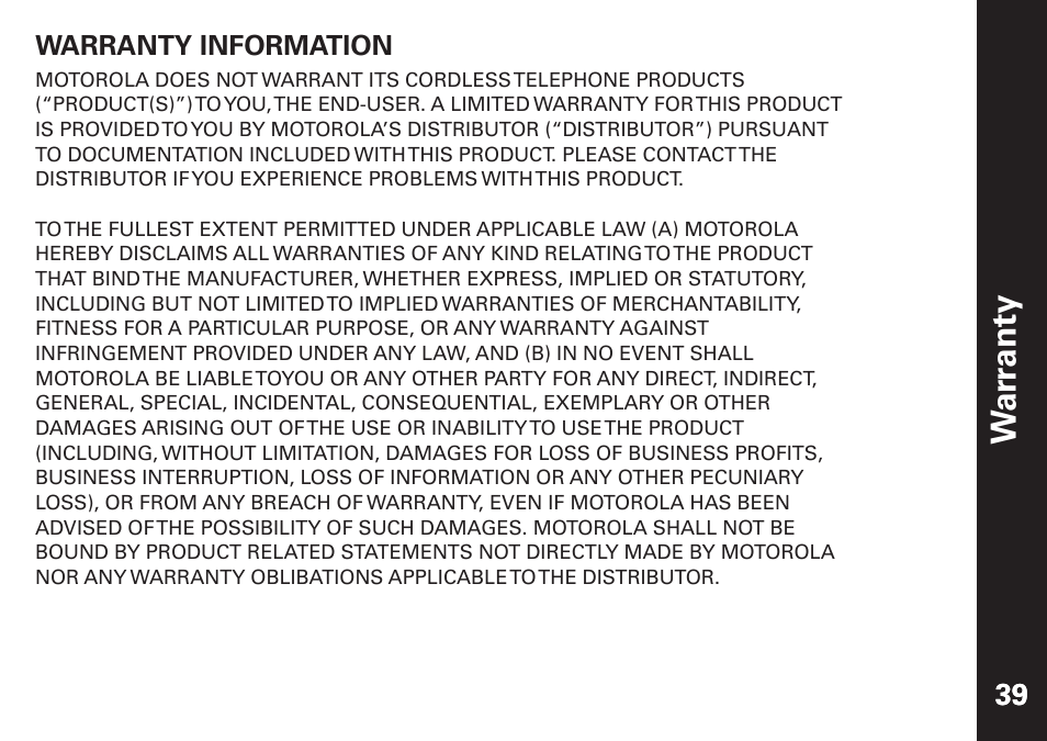 War ranty | Motorola ME6091 User Manual | Page 41 / 47