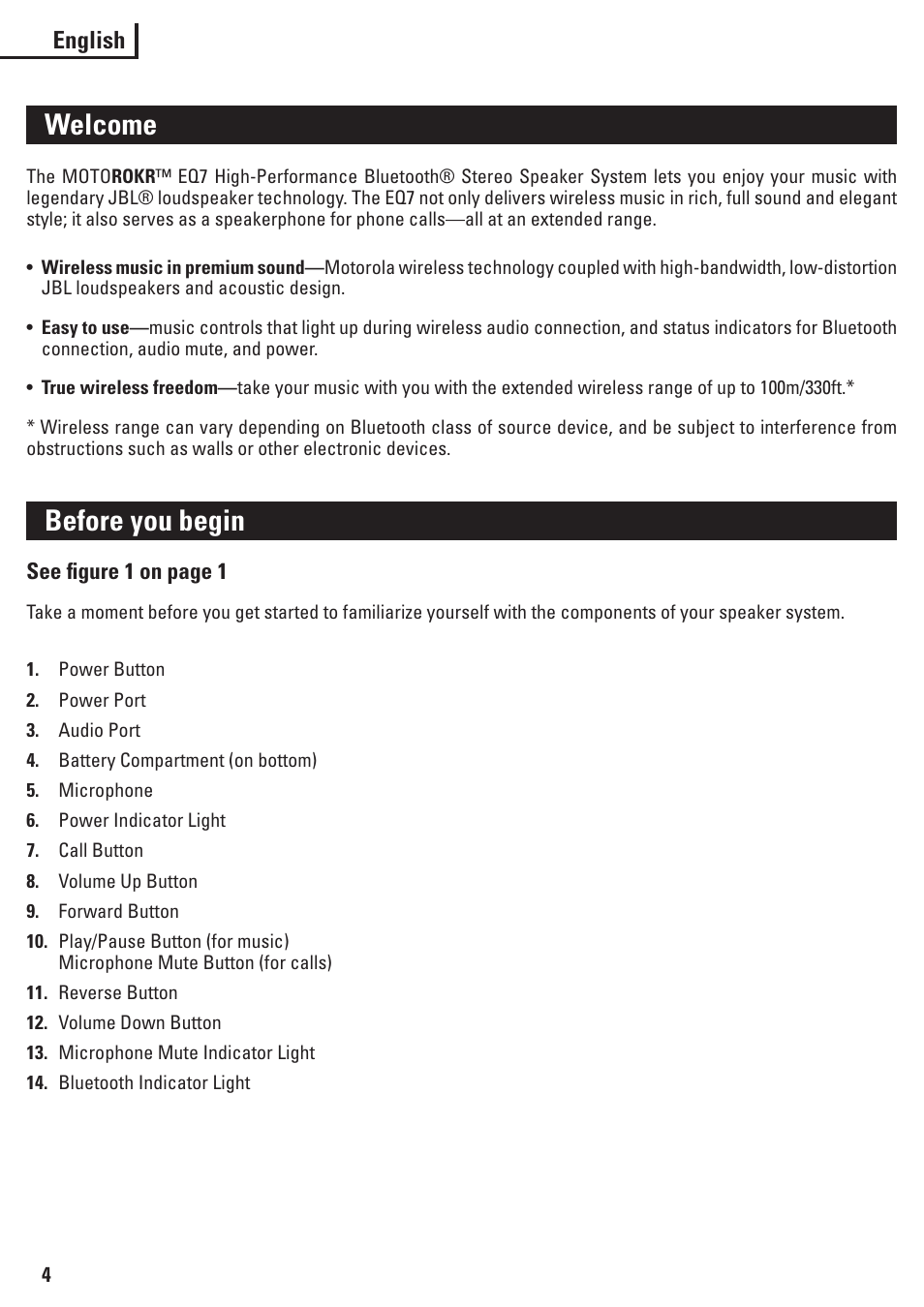 Welcome, Before you begin, English | Motorola EQ7 User Manual | Page 5 / 10