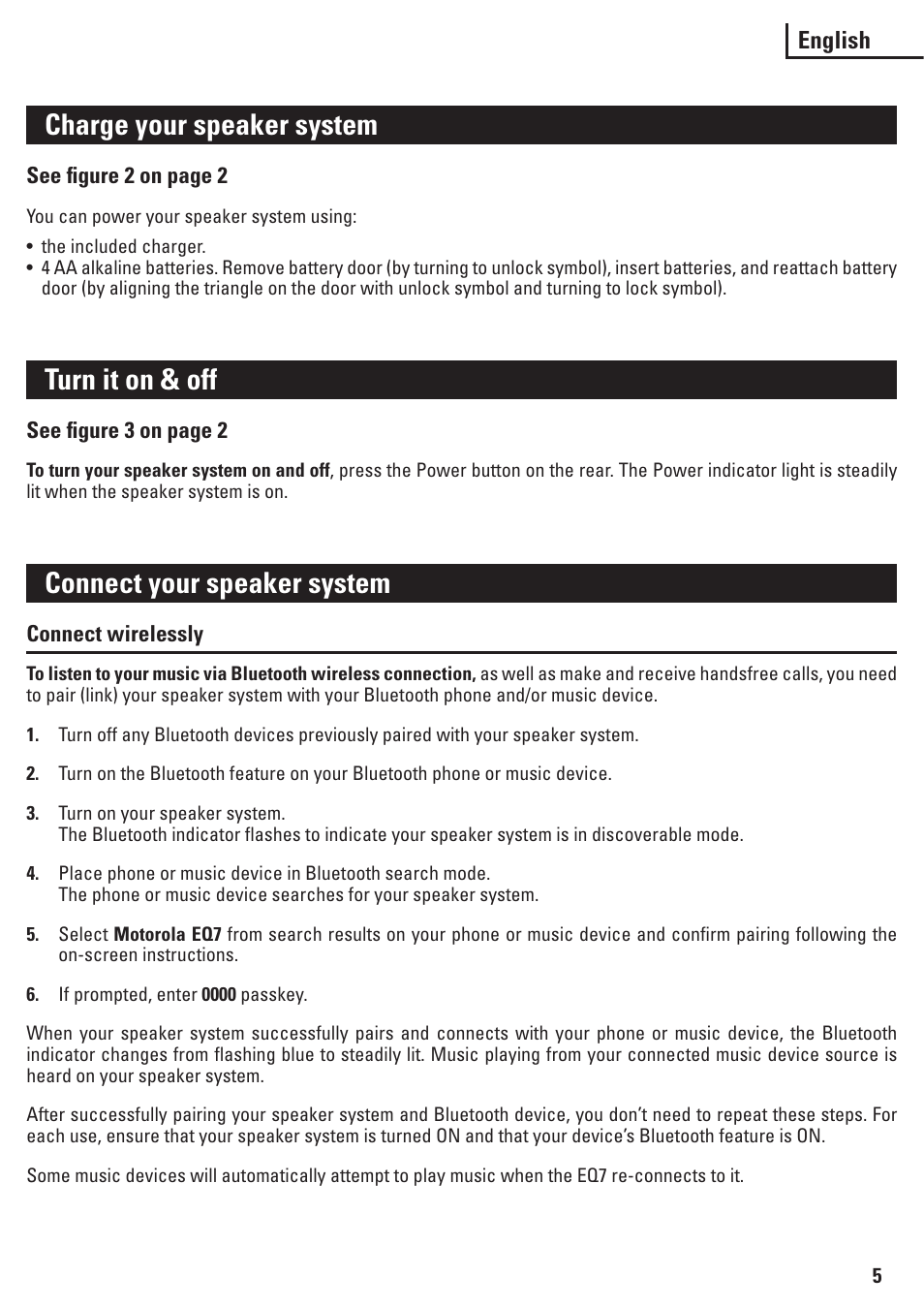 Charge your speaker system, Turn it on & off, Connect your speaker system | Motorola EQ7 User Manual | Page 6 / 10