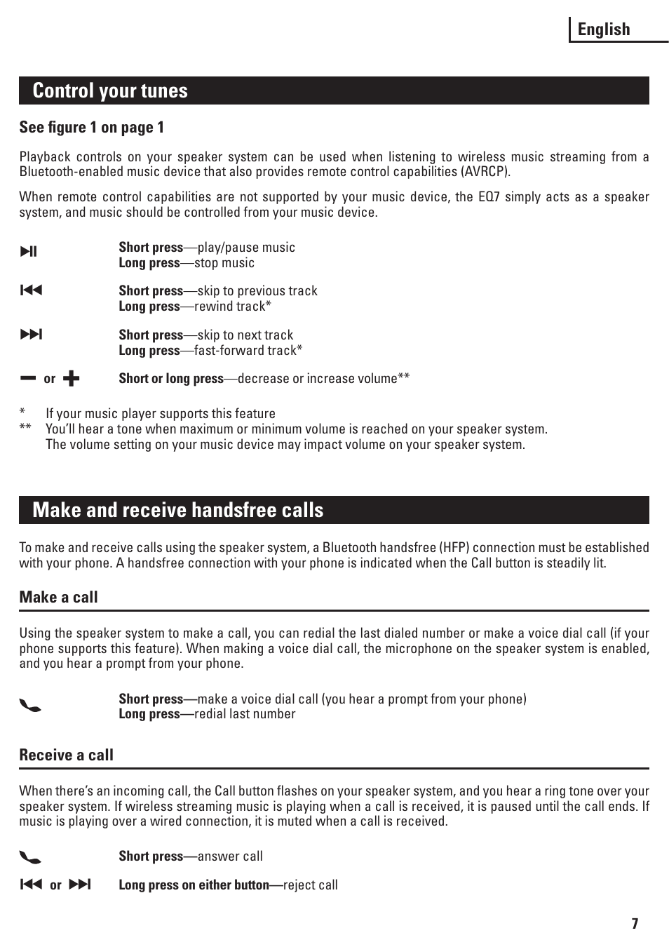 Control your tunes, Make and receive handsfree calls | Motorola EQ7 User Manual | Page 8 / 10