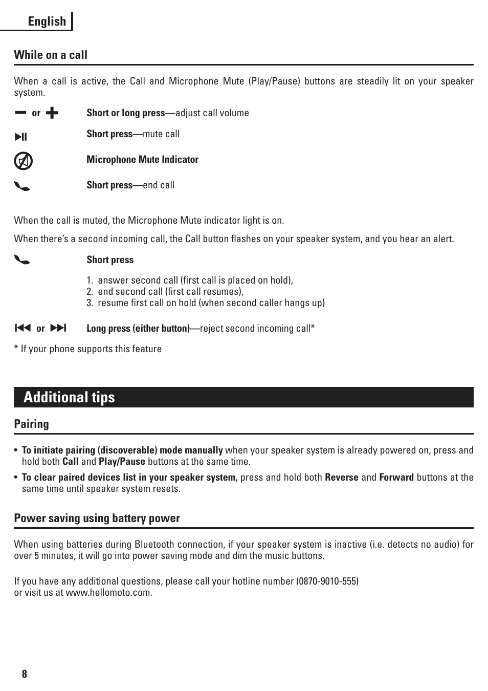 Additional tips, English | Motorola EQ7 User Manual | Page 9 / 10