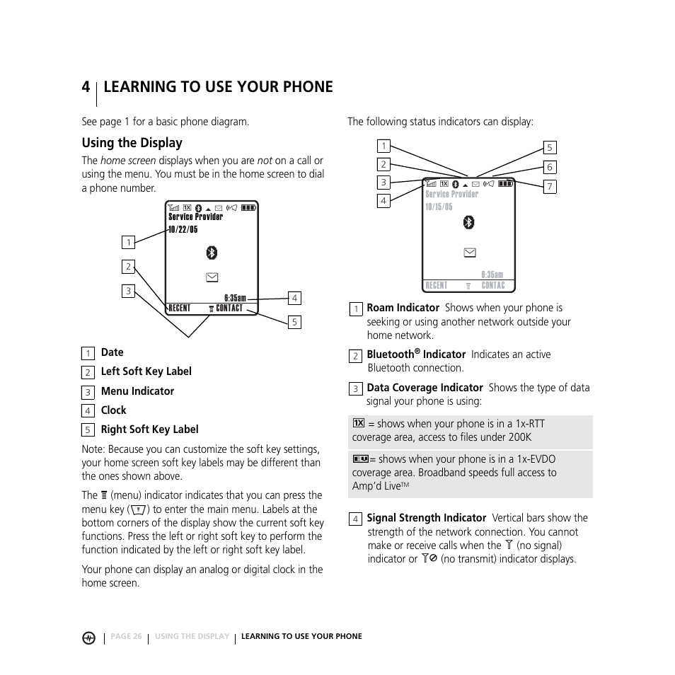 4 learning to use your phone, 4 learning to use your phone 26, Using the display | Learning to use your phone | Motorola E816 User Manual | Page 27 / 72