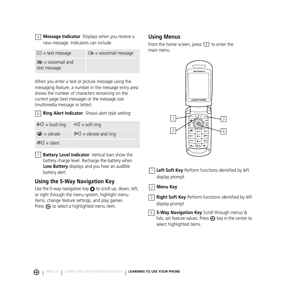 Using the 5-way navigation key using menus, Using the 5-way navigation key, Using menus | Motorola E816 User Manual | Page 28 / 72