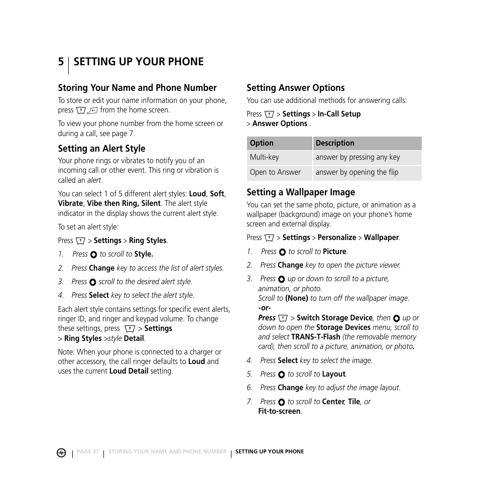 5 setting up your phone, Setting a wallpaper image, Storing your name and phone number | Setting an alert style, Setting answer options, Setting up your phone | Motorola E816 User Manual | Page 38 / 72