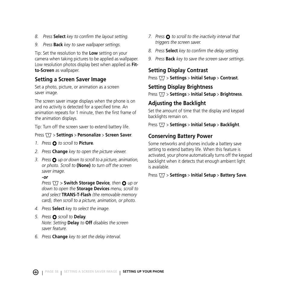 Setting a screen saver image, Setting display contrast, Setting display brightness | Adjusting the backlight, Conserving battery power | Motorola E816 User Manual | Page 39 / 72