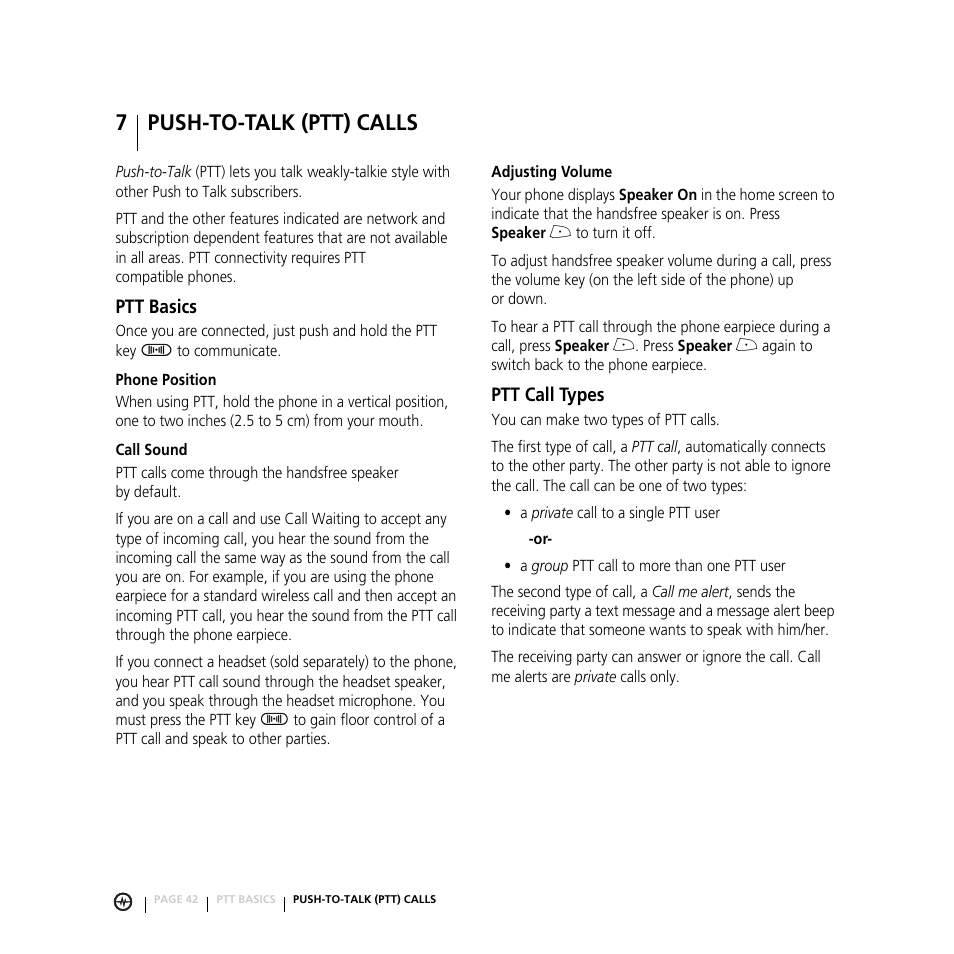 7 push-to-talk (ptt) calls, Ptt basics ptt call types, Ptt basics | Ptt call types, Push-to-talk (ptt) calls | Motorola E816 User Manual | Page 43 / 72