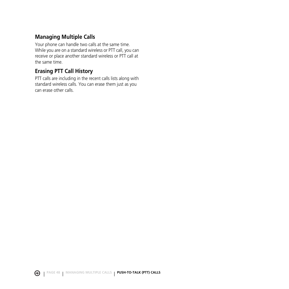 Managing multiple calls erasing ptt call history, Managing multiple calls, Erasing ptt call history | Motorola E816 User Manual | Page 49 / 72