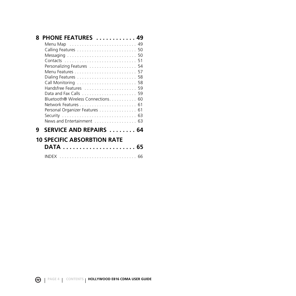 8 phone features | Motorola E816 User Manual | Page 5 / 72