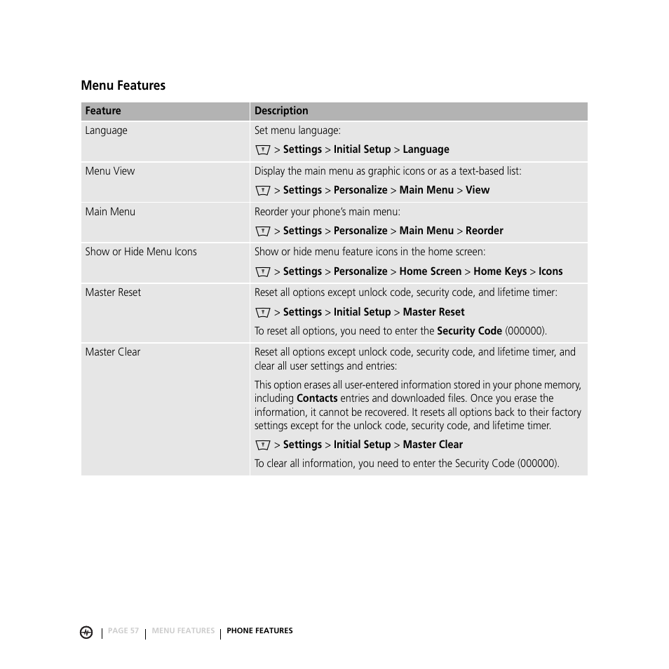 Menu features | Motorola E816 User Manual | Page 58 / 72