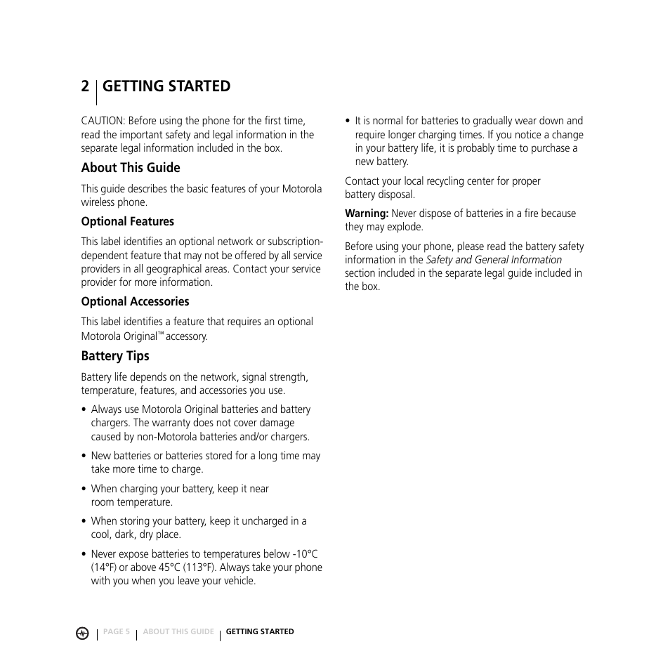 2 getting started, About this guide battery tips, About this guide | Battery tips, Getting started | Motorola E816 User Manual | Page 6 / 72
