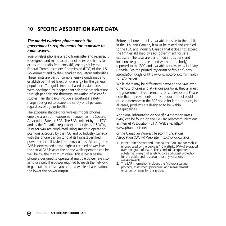 10 specific absorbtion rate data, 10 specific absorbtion rate, Data | Getting started, Specific absorbtion rate | Motorola E816 User Manual | Page 66 / 72