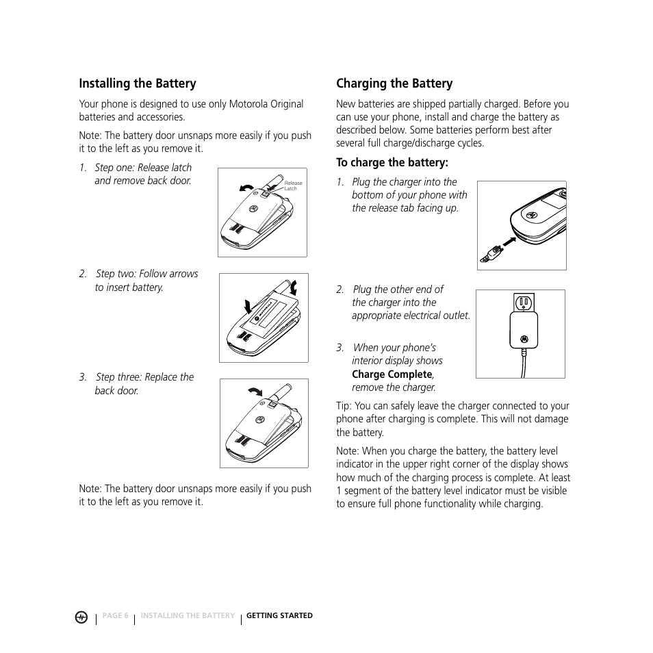 Installing the battery charging the battery, Installing the battery, Charging the battery | Getting started | Motorola E816 User Manual | Page 7 / 72