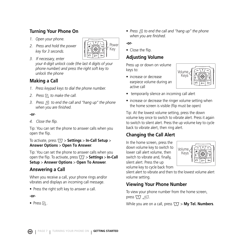 Turning your phone on, Making a call, Answering a call | Adjusting volume, Changing the call alert, Viewing your phone number | Motorola E816 User Manual | Page 8 / 72