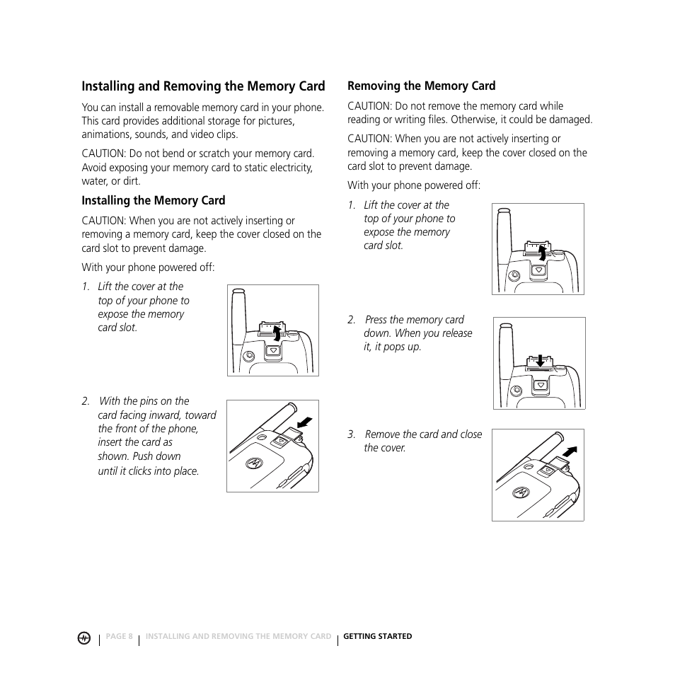 Installing and removing the memory card | Motorola E816 User Manual | Page 9 / 72