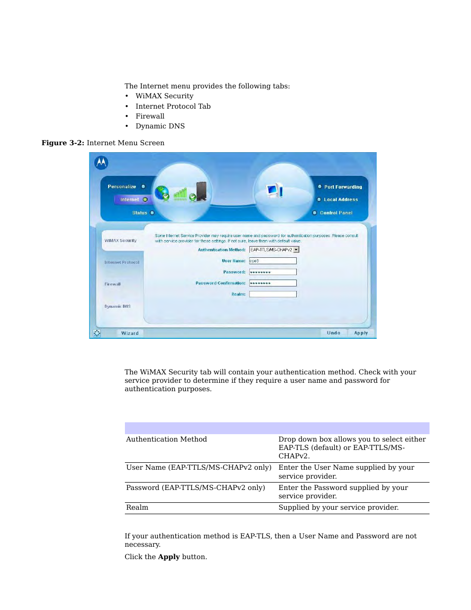 Internet menu, Wimax security tab | Motorola CPEI 150 User Manual | Page 17 / 48