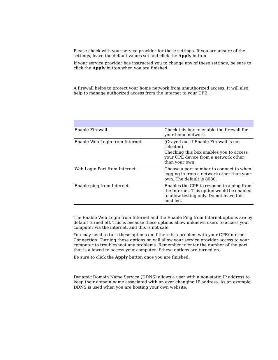 Internet protocol tab, Firewall tab, Dynamic dns tab | Motorola CPEI 150 User Manual | Page 18 / 48