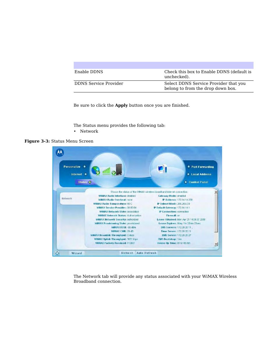 Status menu, Network tab | Motorola CPEI 150 User Manual | Page 19 / 48