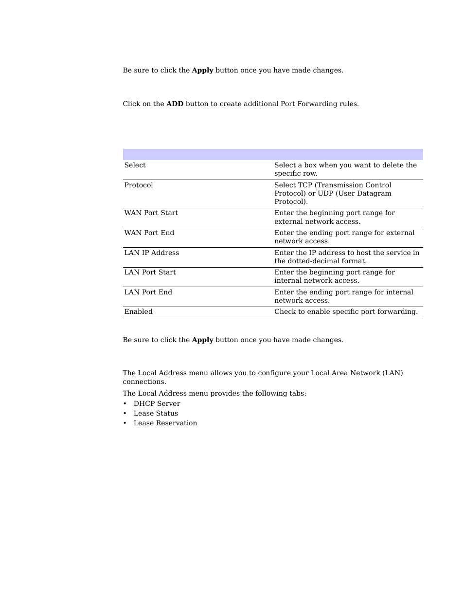 Forwarding tab, Local address menu | Motorola CPEI 150 User Manual | Page 22 / 48