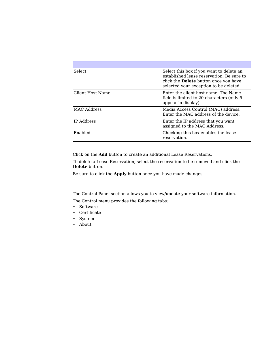 Control panel menu | Motorola CPEI 150 User Manual | Page 25 / 48