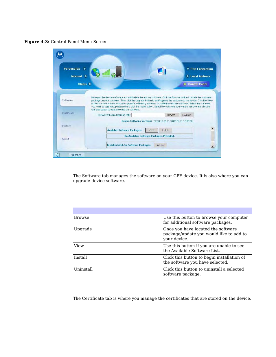 Software tab, Certificate tab | Motorola CPEI 150 User Manual | Page 26 / 48