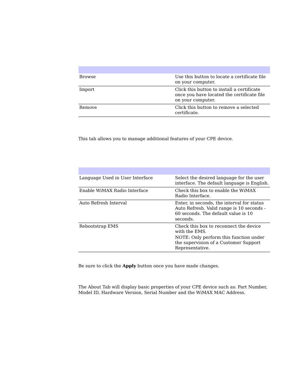 System tab, About tab | Motorola CPEI 150 User Manual | Page 27 / 48