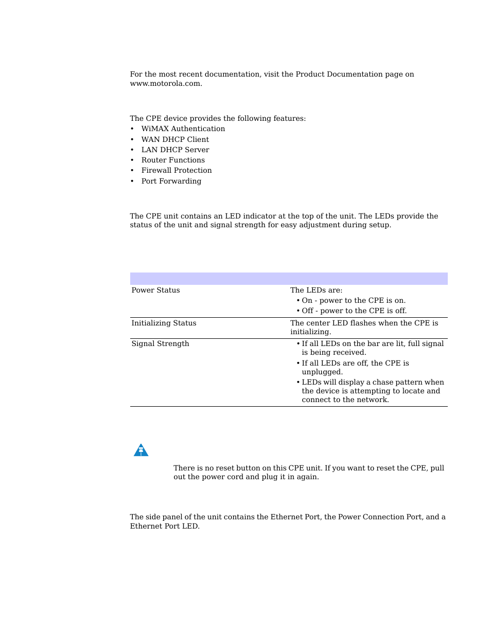 Powerful features in a single unit, Front of cpe, Side panel | Motorola CPEI 150 User Manual | Page 6 / 48