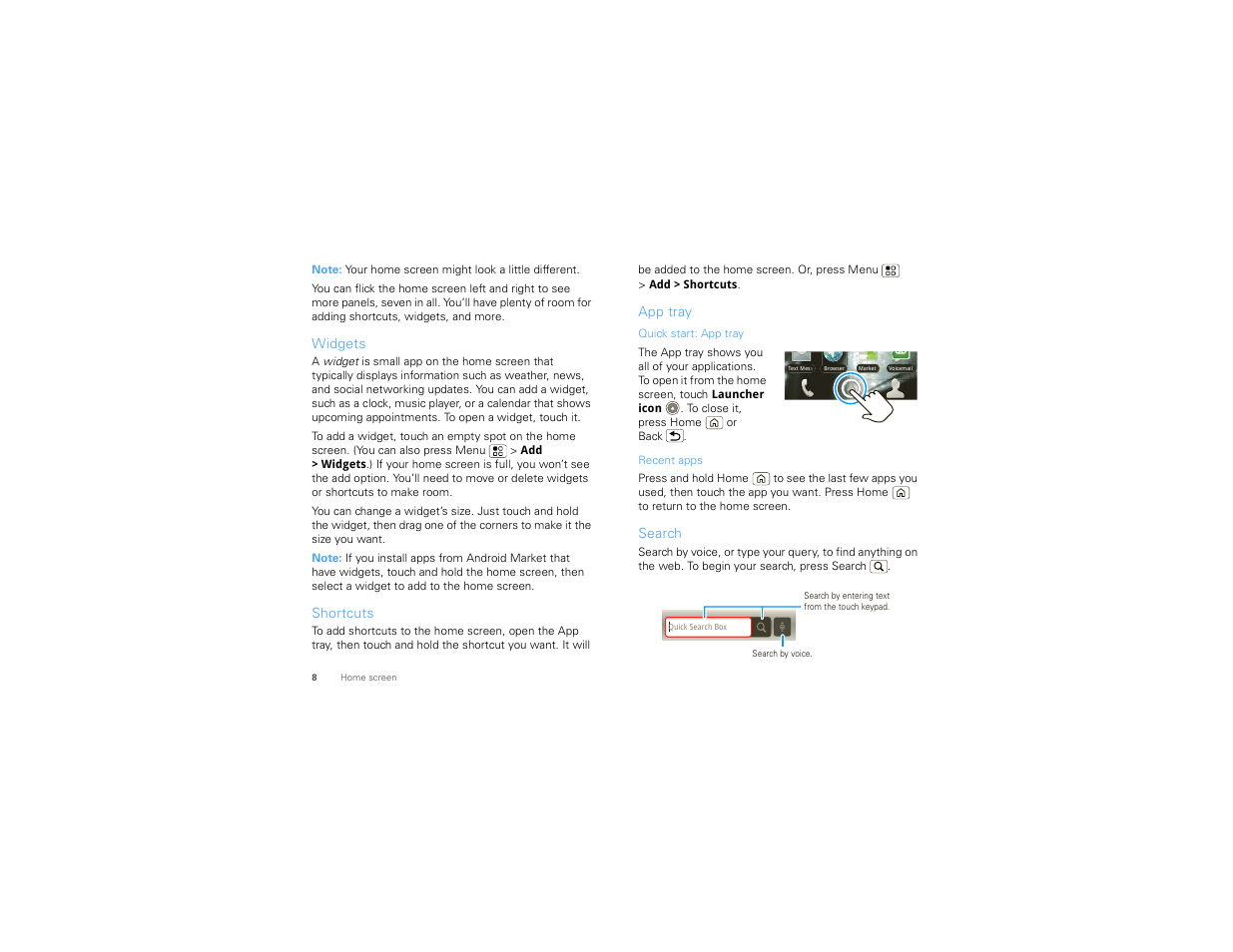 Widgets, Shortcuts, App tray | Search | Motorola 68000202880-B User Manual | Page 10 / 68